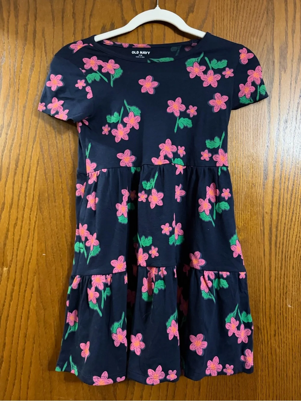 Old Navy Navy Dress with Pink Floral Print and Green Leaves